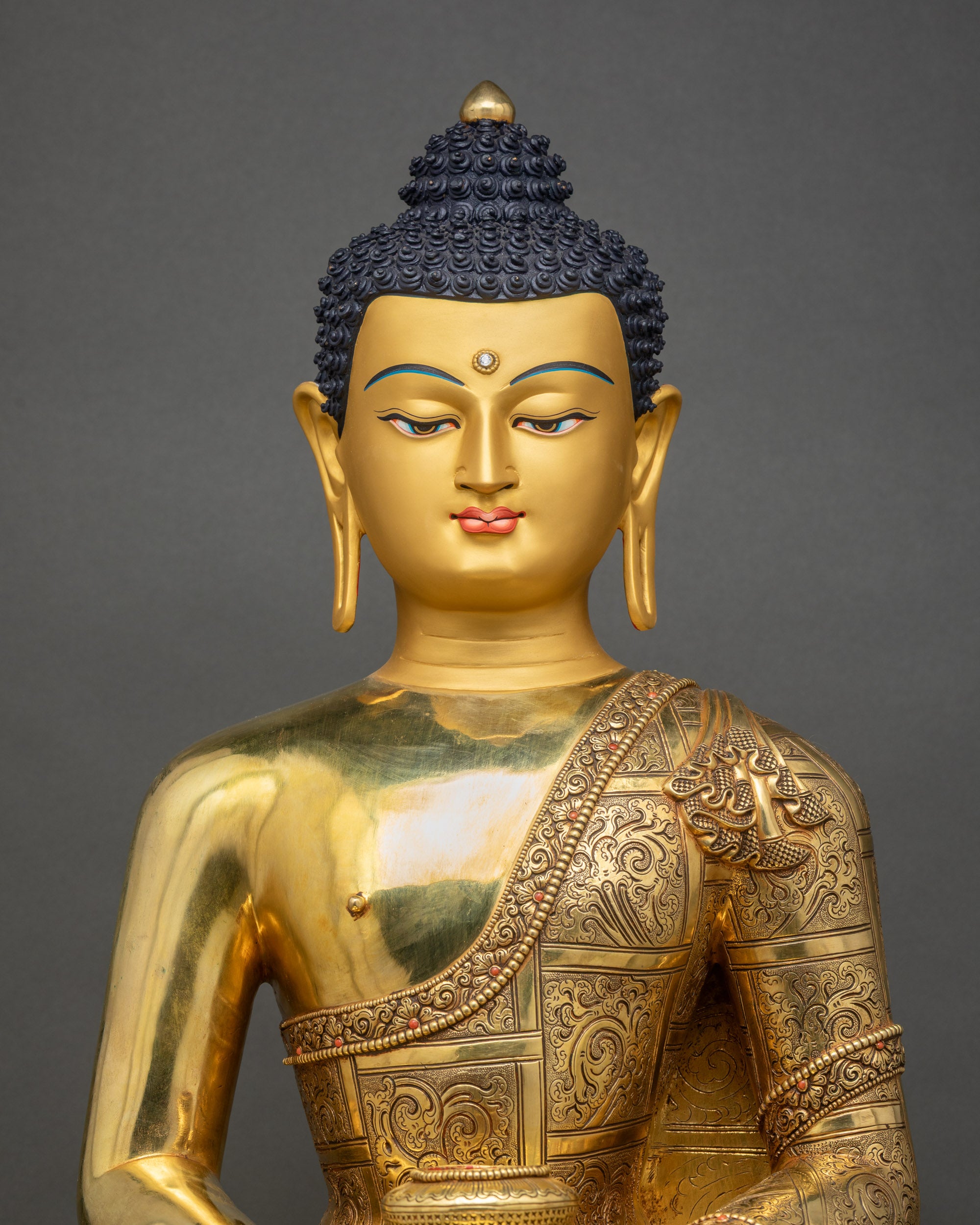 Amitabha Buddha devotional sculpture close‑up copper carvings gold fire‑gilding