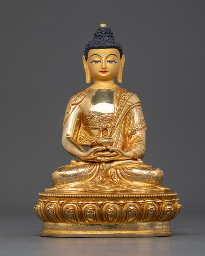 Amitabha Buddha figurine on lotus seat, handcrafted Newar Nepalese fire-gilded statue