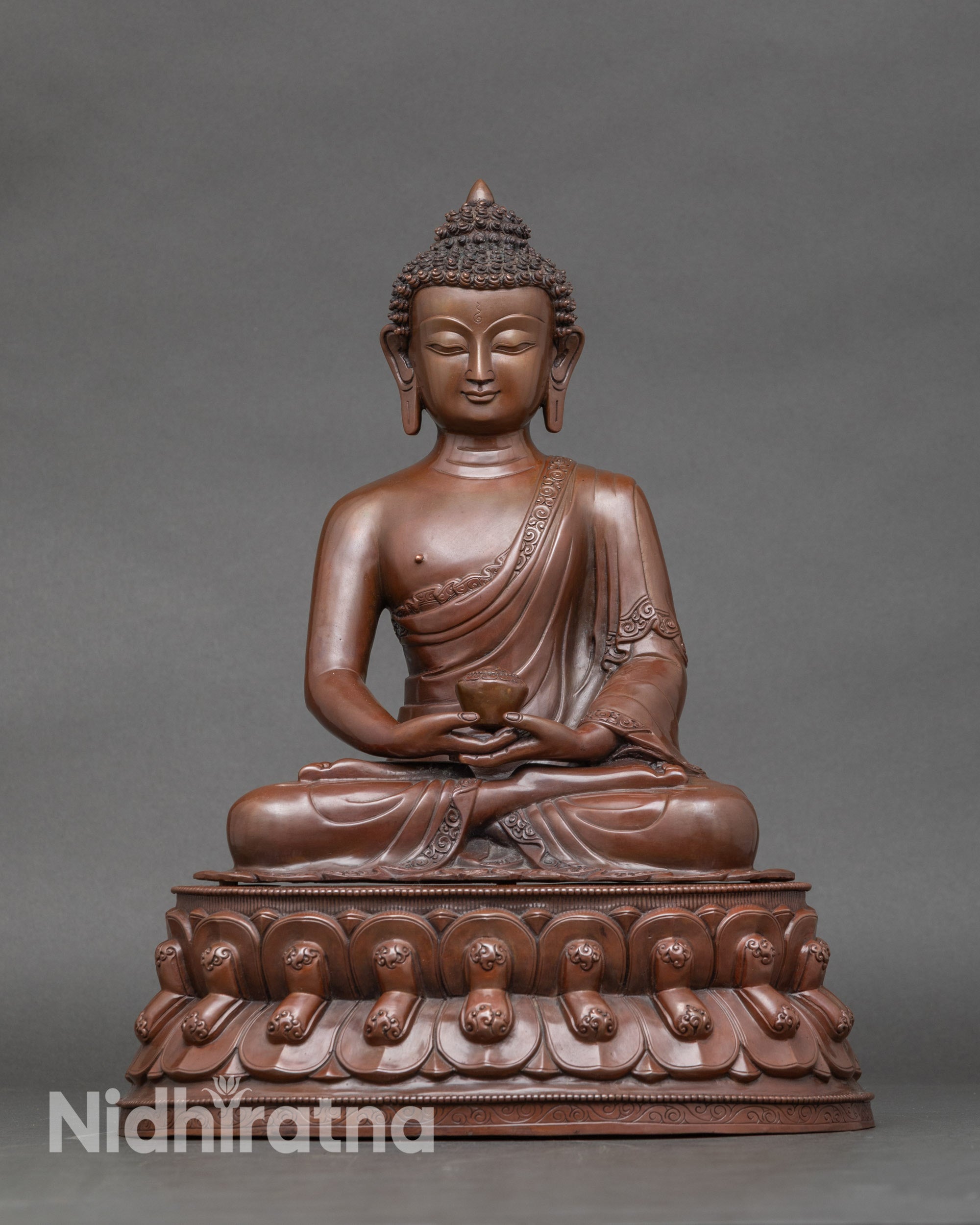Amitabha Buddha figurine seated on double lotus, handcrafted Nepalese copper sculpture