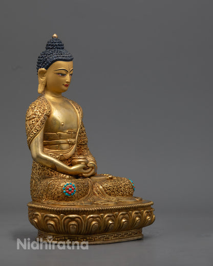 Amitabha Buddha statue featuring hollow chamber for auspicious mantra insertion, highlighting intricate hand-carved details.