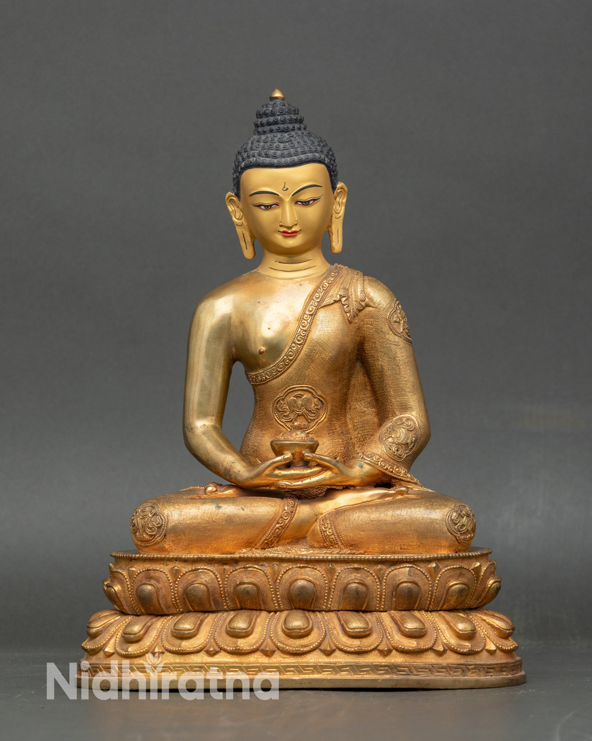 Amitabha Buddha statue for meditation and devotion, handcrafted Nepalese copper with gold gilding