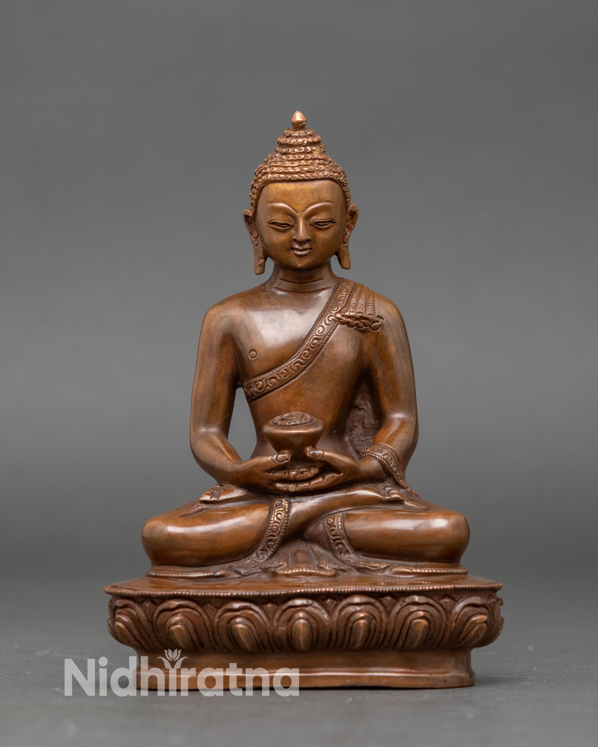 Amitabha Buddha statue front view, handcrafted Nepalese copper and gold on lotus seat