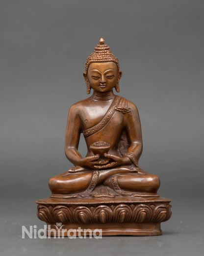 Amitabha Buddha statue front view, handcrafted Nepalese copper and gold on lotus seat
