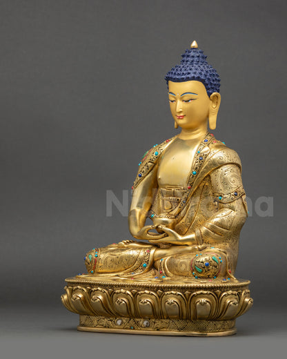 Amitabha Buddha statue left side view lotus seat and carved robe