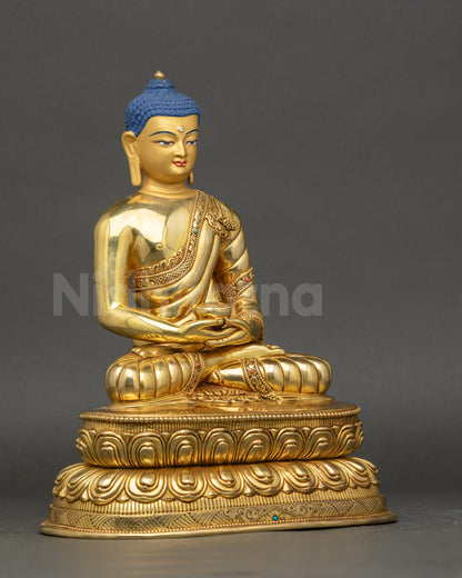 Amitabha Buddha statue right view side highlighting lost wax copper craftsmanship