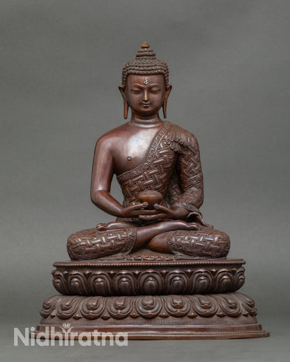 Amitabha Buddha statue seated on double lotus, handcrafted Nepalese copper meditation art
