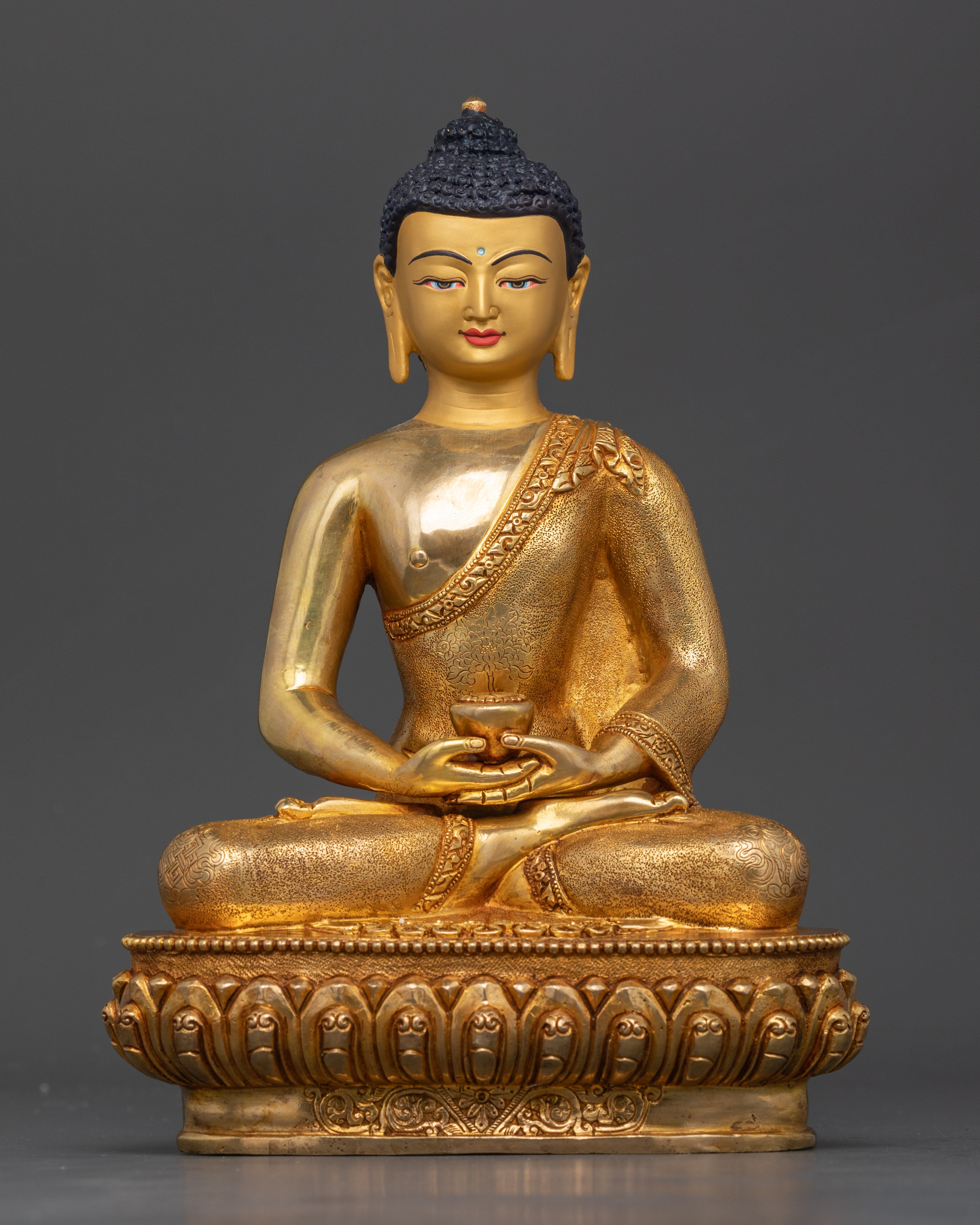 Amitabha Buddha statue with 24K gold-painted face, handcrafted Newar Nepalese art