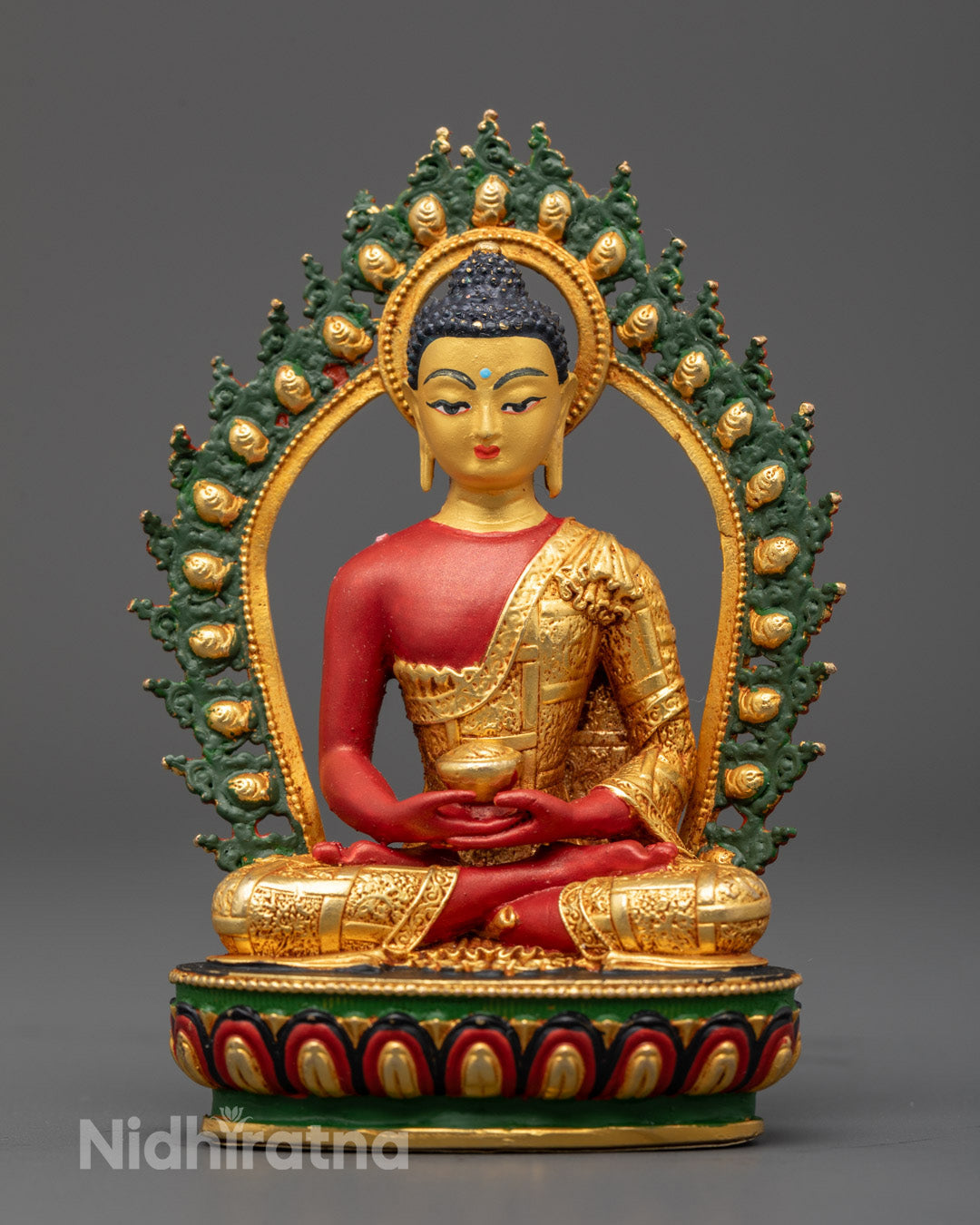 Amitabha Buddha statue with red copper body and gold-plated robe in meditation mudra