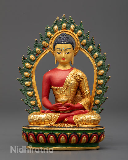Amitabha Buddha statue with red copper body and gold-plated robe in meditation mudra