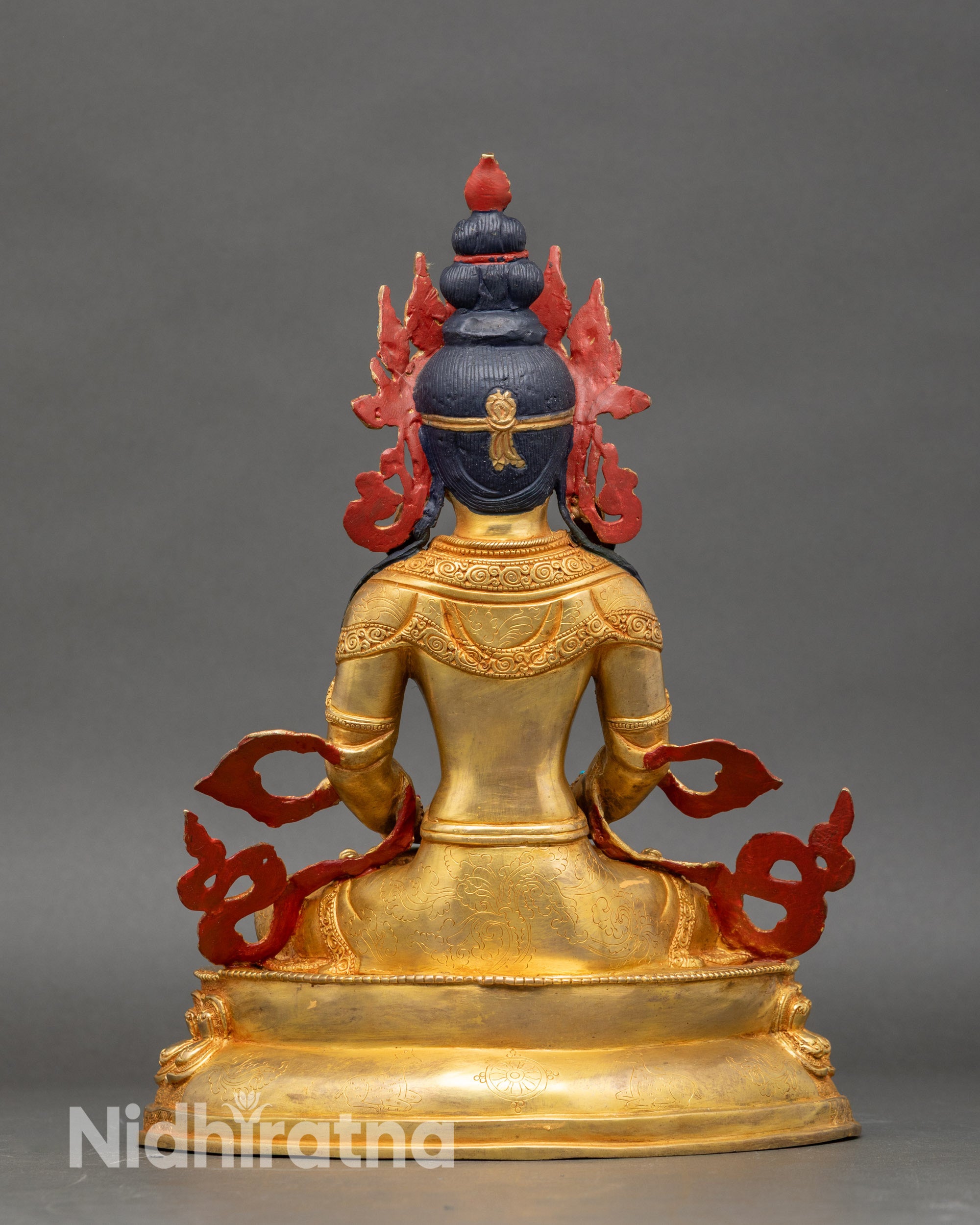 Amitayus Buddha back view, detailed lotus throne and flowing gold-accented robes