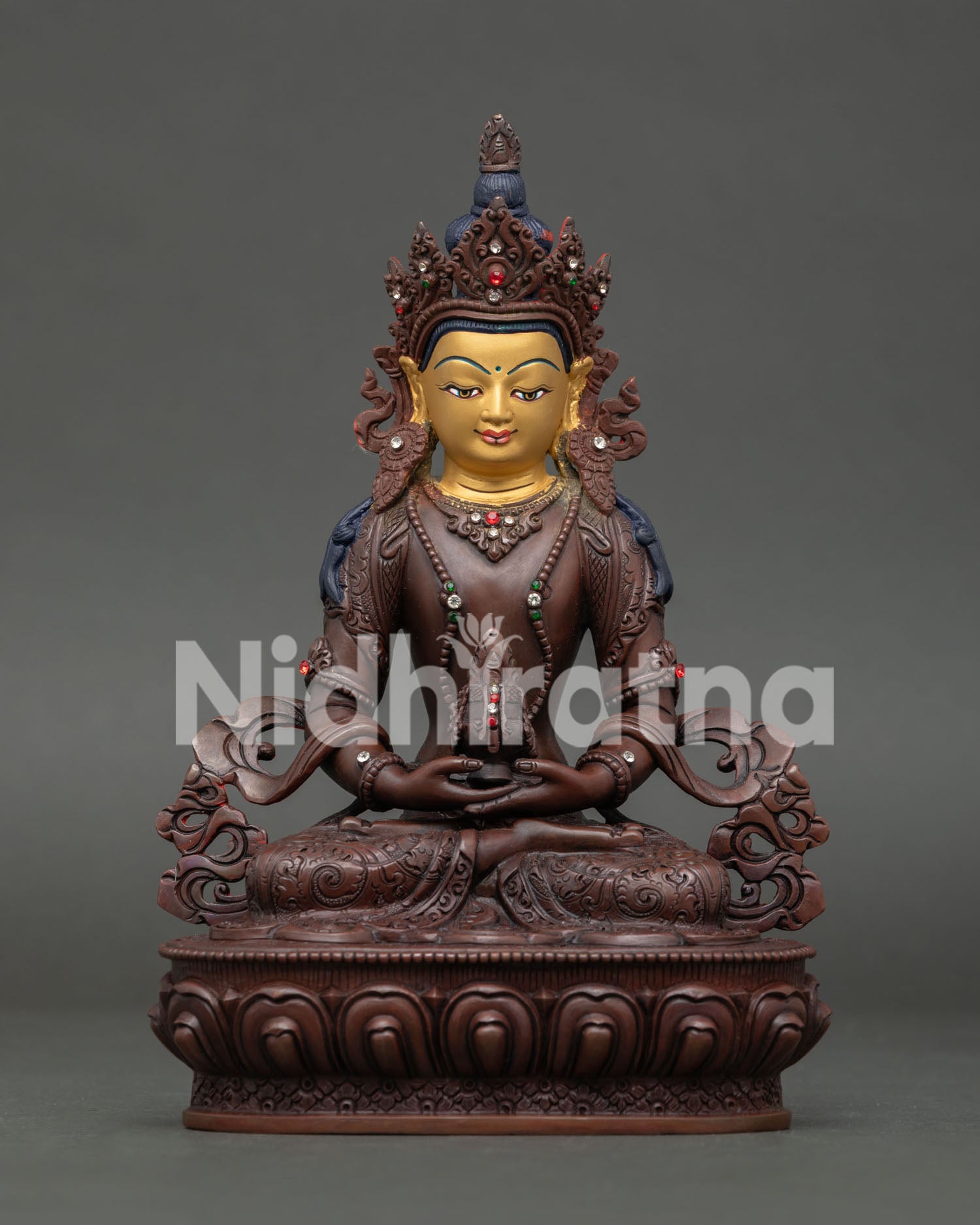 Amitayus Buddha in Dhyanamudra Holding Ambrosia Vase on Lotus Pedestal Nepal Art.