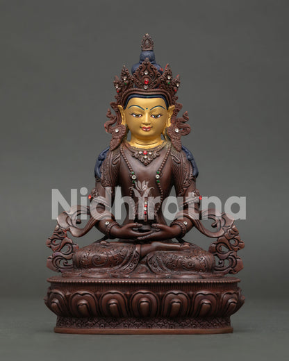 Amitayus Buddha in Dhyanamudra Holding Ambrosia Vase on Lotus Pedestal Nepal Art.