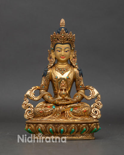 Amitayus Buddha statue front view gold gilded copper long life vase lotus throne Nepal