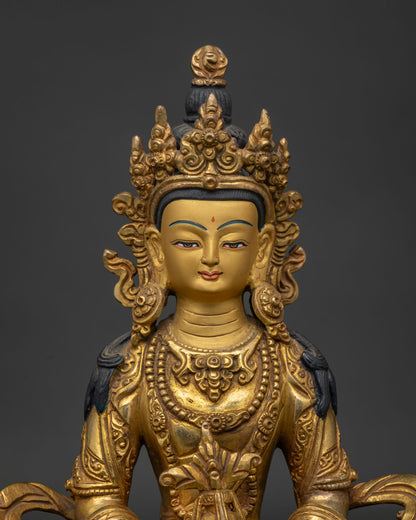 Amitayus Buddha statue with 24K gold painted face and longevity vase.