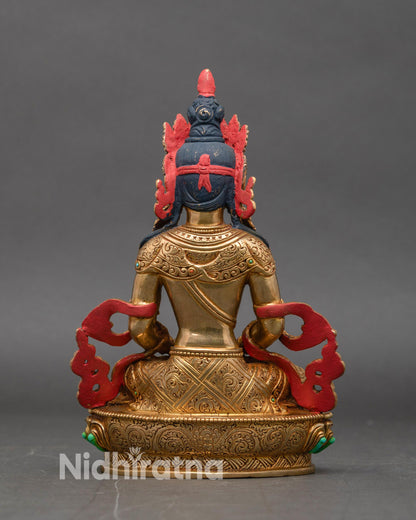 Back view Amitayus statue handcrafted copper gold gilded Buddhist sculpture Nepal