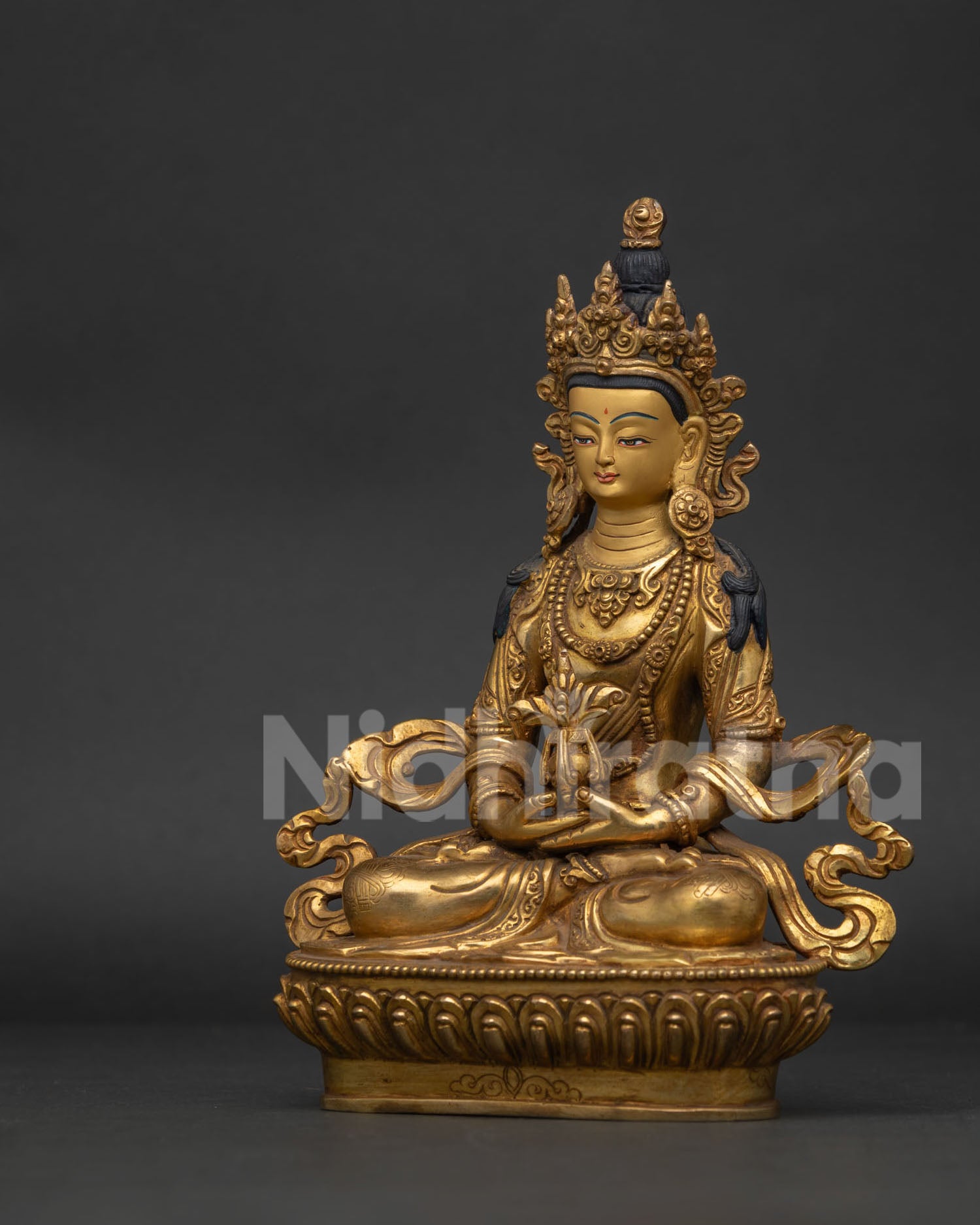Amitayus statue in Dhyana Mudra on handcarved lotus pedestal.