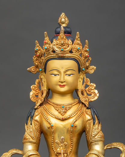 Amitayus statue regular close-up, detailed Newari craftsmanship and lotus posture