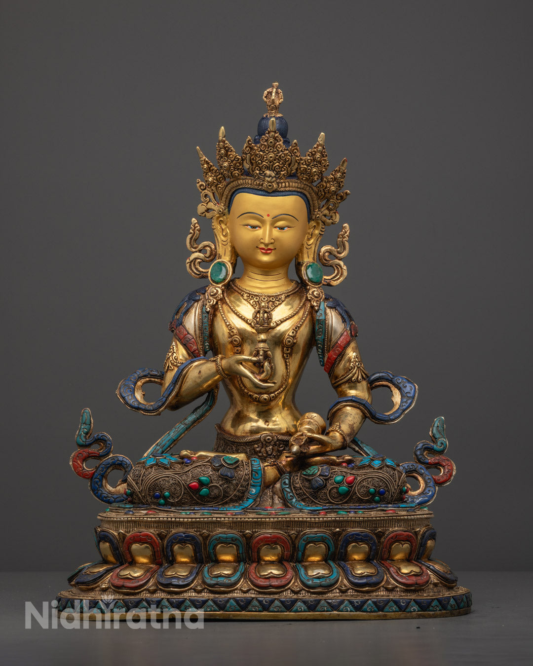 Authentic Vajrasattva statue handcrafted in fire-gilded copper with 24k gold face, adorned with turquoise, coral, lapis lazuli, and ritual robe detail