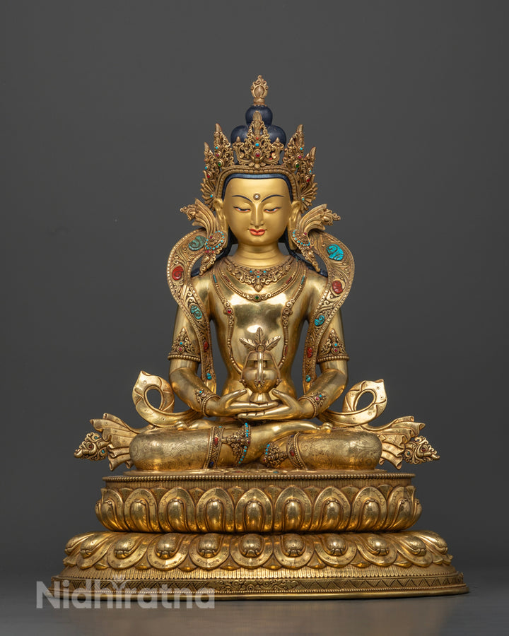 gold plated amitayus statue adorned with semi precious gemstones | Amitayus Buddha statue | Meditation Buddha figurine | Peaceful Amitayus for altar decor