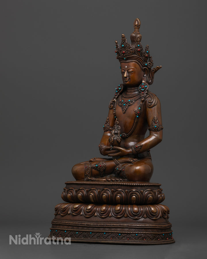 side profile of brown oxidized Amitayus Buddha statue