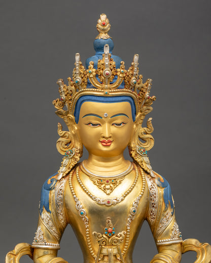 Amitayus Buddha Figurine Close Up Gold Fire-Gilded Copper with Silver Details