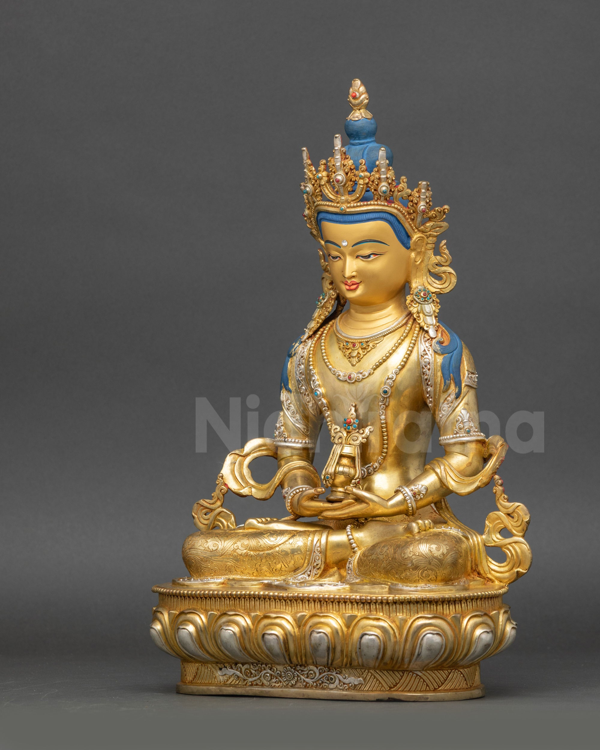 Amitayus Buddha Statue Left Side View Gold Fire-Gilded Silver-Plated Ornaments