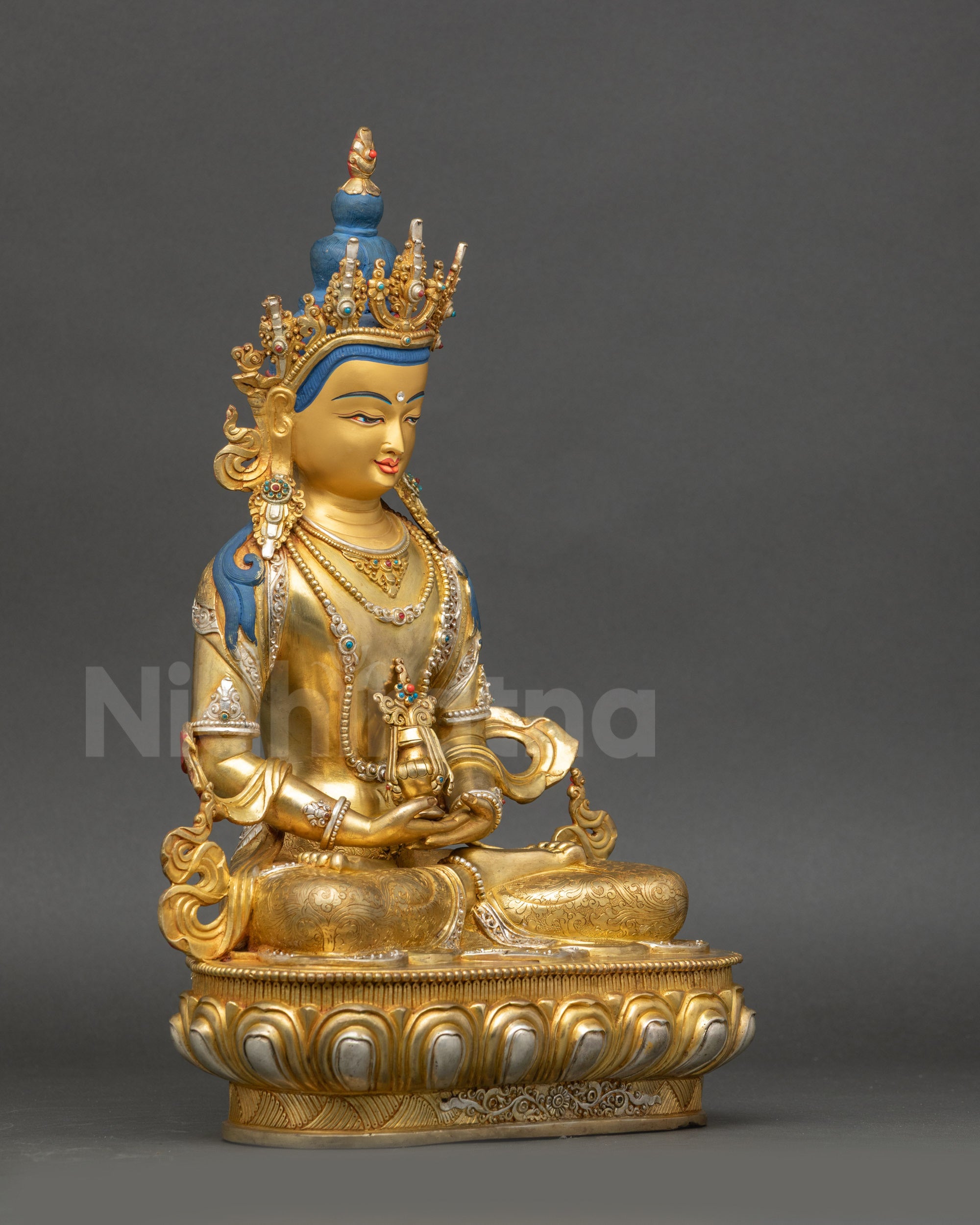 Amitayus Buddha Statue Right Side View Gold Fire-Gilded Silver Details