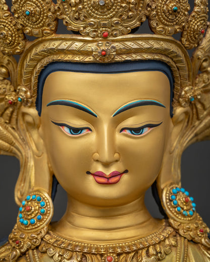 Amitayus Buddha Statue Serene Gold Painted Face Close Up