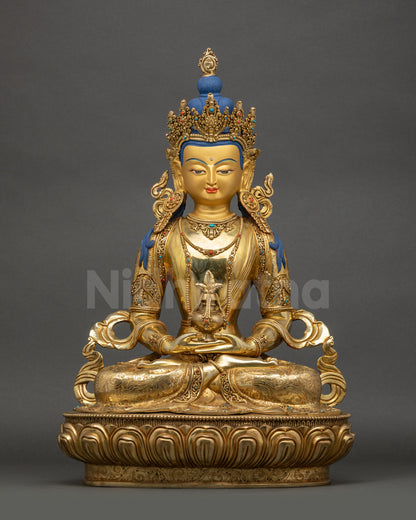 Amitayus Buddha Statue close up gold fire-gilded lotus pedestal copper alloy