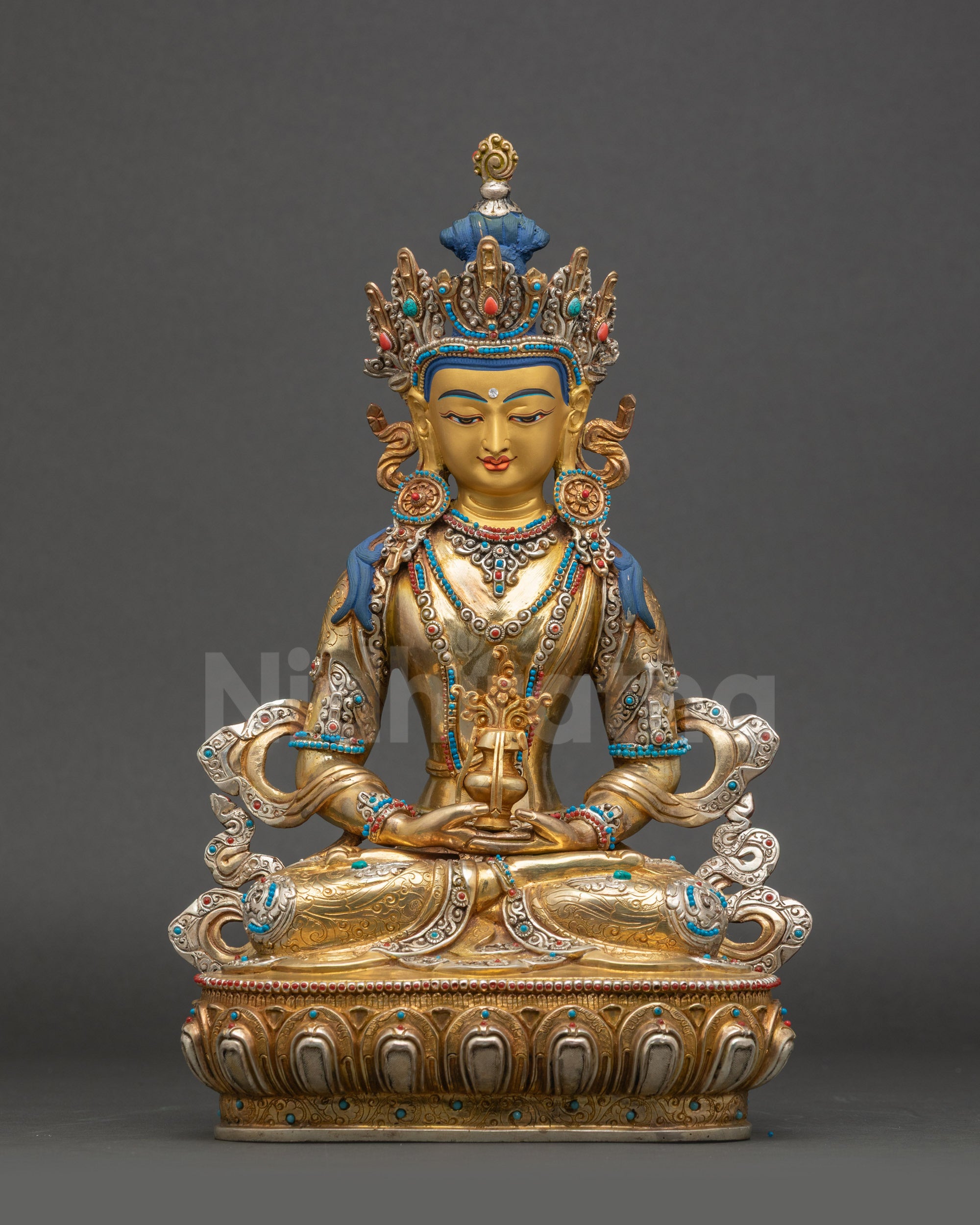 Amitayus Buddha Statue front view gold-gilded Nepalese copper sculpture