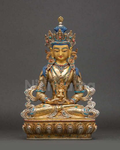 Amitayus Buddha Statue front view gold-gilded Nepalese copper sculpture
