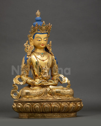 Amitayus Buddha Statue side close up intricate robe crown jewelry copper alloy