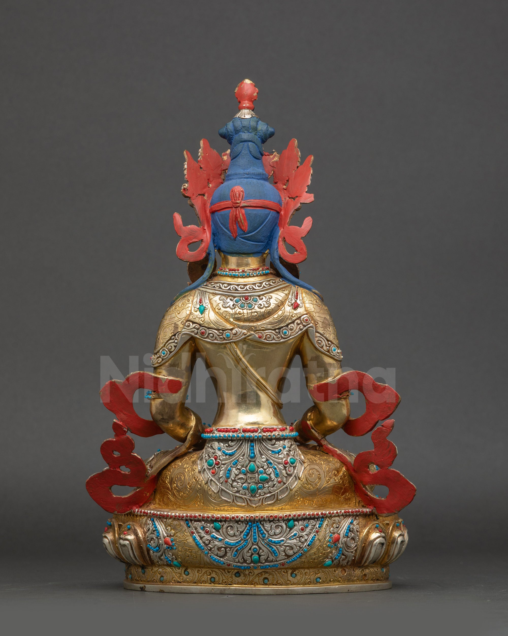 Amitayus Buddha back view gold-gilded Nepalese copper sacred statue