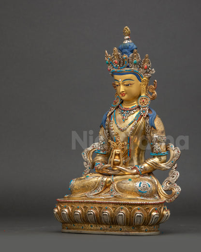Amitayus Buddha left side view gold-gilded Nepalese meditation sculpture