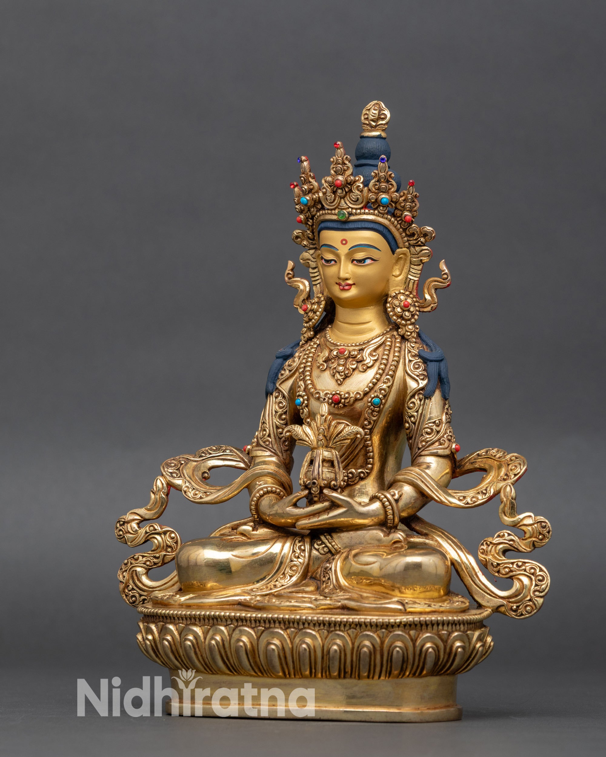 Amitayus Buddha left side view, intricate robe carvings, Buddhist art