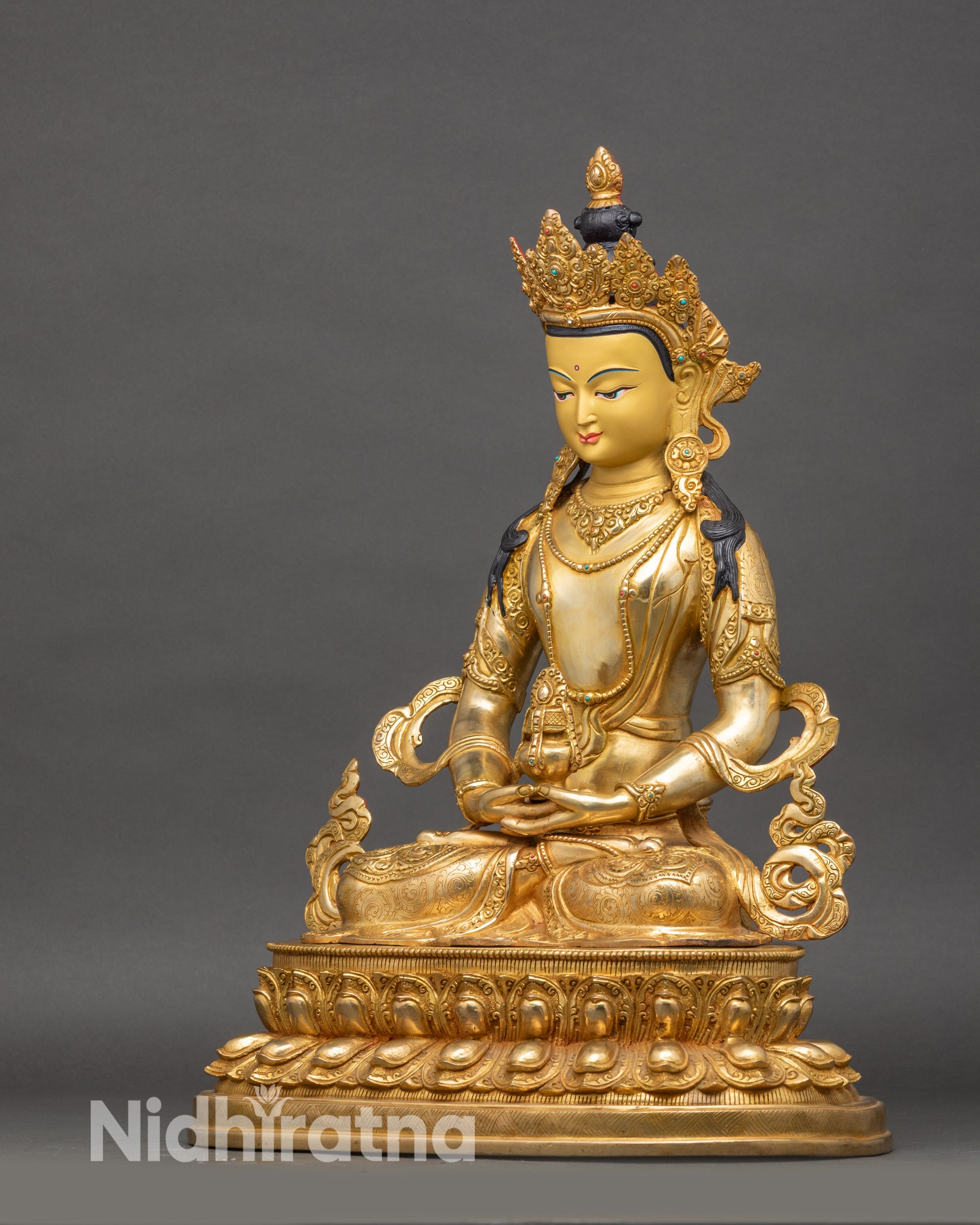 Left-side view of Amitayus Buddha, double-lotus seat, gold fire-gilded and traditional