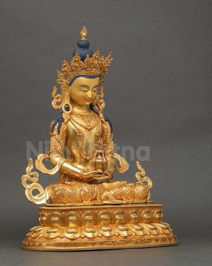 Amitayus Buddha on lotus pedestal with engraved Tibetan mantra, right perspective