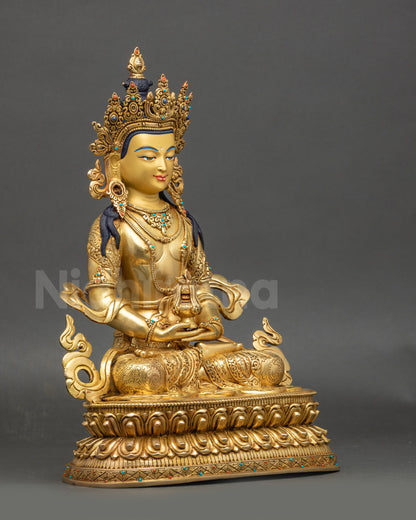 Amitayus Buddha right side view ornate halo long-life vase lotus pedestal