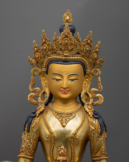 Amitayus Buddha’s tranquil face with delicate gold finish, radiating compassion, peace, and spiritual wisdom.