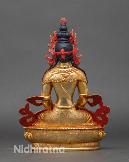 Amitayus Buddha seated on lotus throne holding sacred long-life vase, copper sculpture