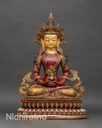 Amitayus Buddha statue for longevity, handcrafted Nepalese copper with 24K gold face