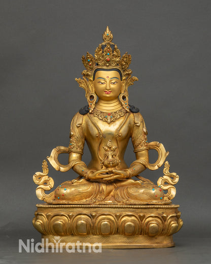 Amitayus Buddha statue from Nepal, handcrafted, 24K gold-gilded, lotus seat