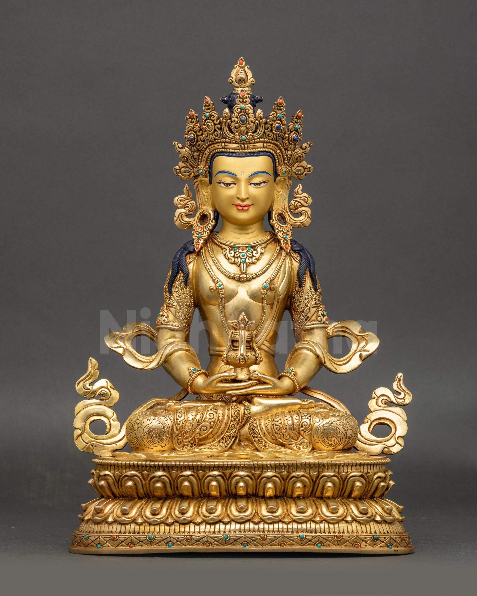 Amitayus Buddha statue handcrafted copper gold gilded front view Patan Nepal artisan