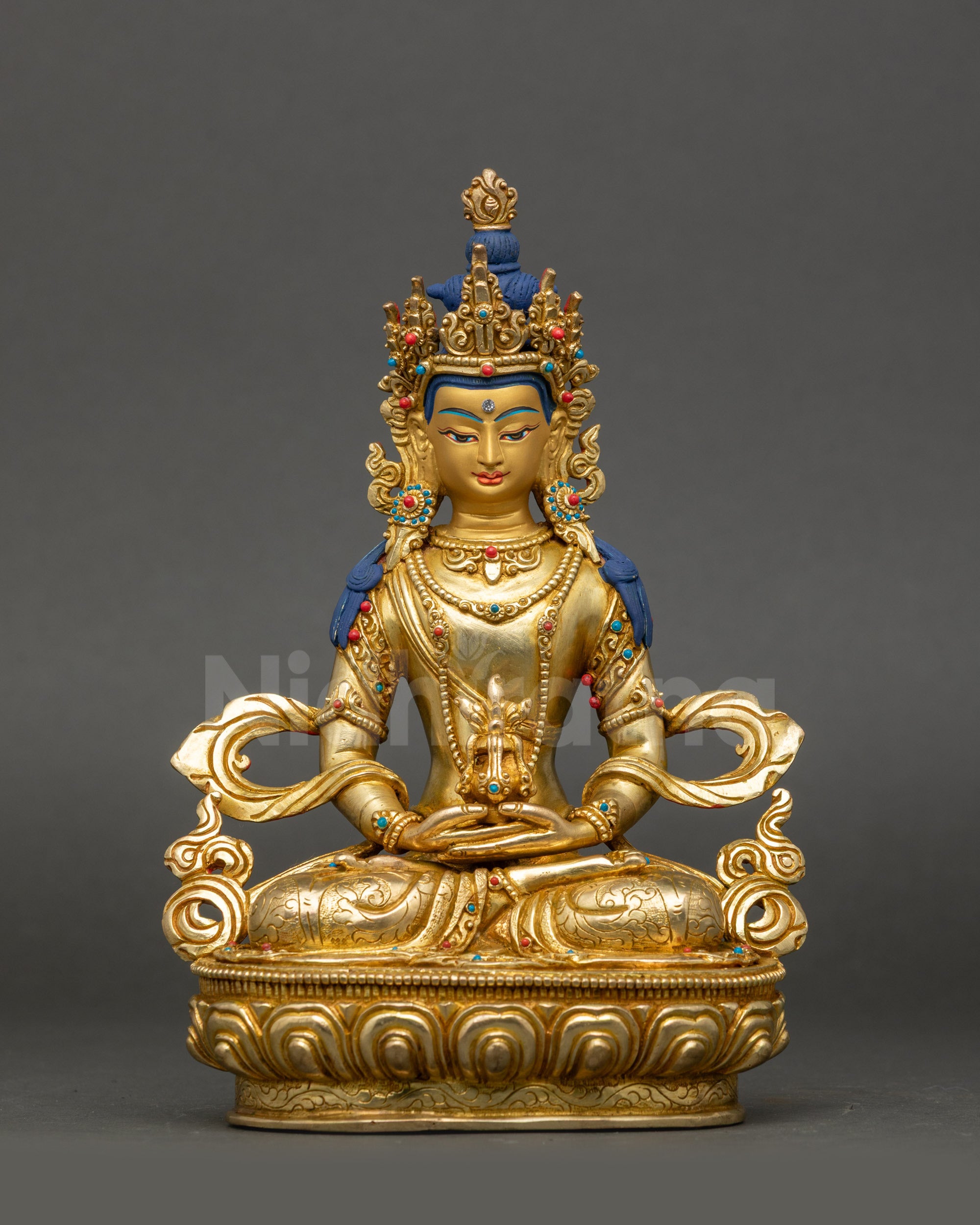 Amitayus Buddha statue with long life vase, gold gilded Buddhist deity