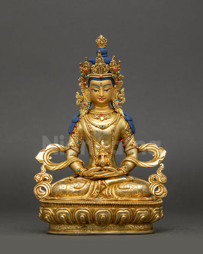 Amitayus Buddha statue with long life vase, gold gilded Buddhist deity