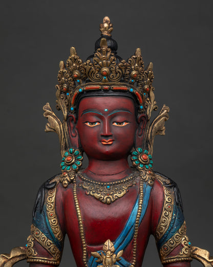 Amitayus Face Close Up with Jewel Studded Crown and Gold Gilded Finish.
