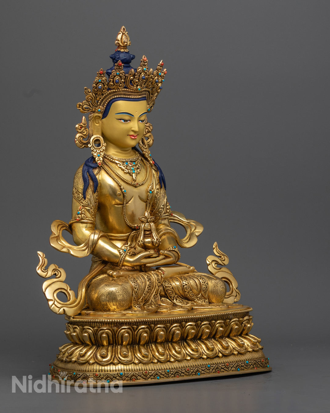 Amitayus Longevity Statue – Hand-Carved Buddhist Deity in Gilded Copper