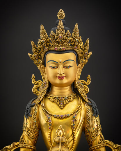 Close-up of Amitayus Masterpiece highlighting serene gold-painted face, five-jeweled diadem, and flowing hand-carved robes
