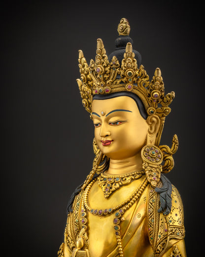 Side close-up of Amitayus Masterpiece showing 3D carved robes, flowing garments, and double-layered lotus seat