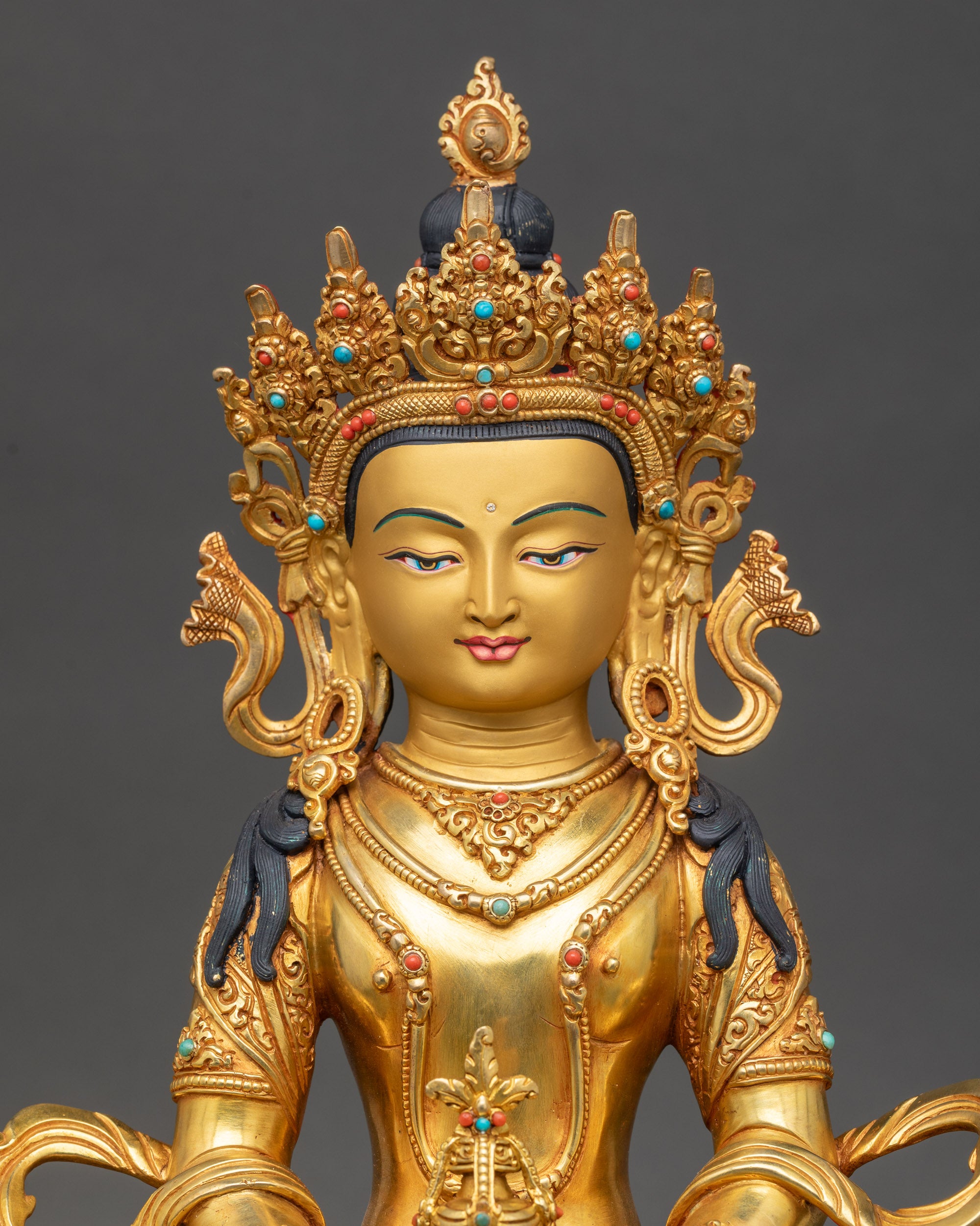 Handcrafted Amitayus meditation figurine holding longevity vase in lotus pose